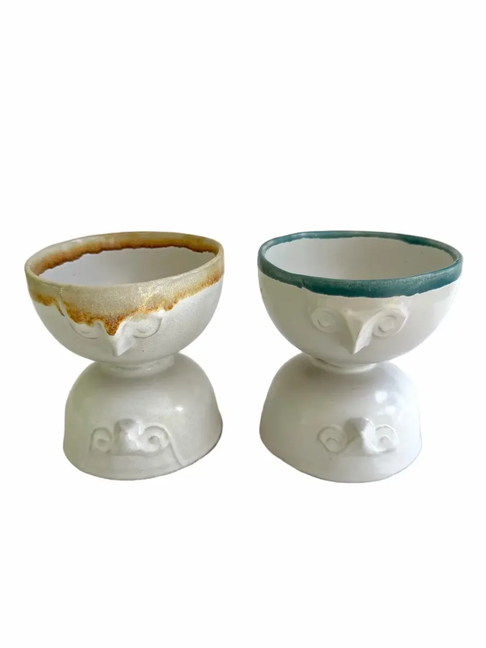 2 Vintage MCM Design Danish Ceramic Owl Faces Double Pedestal Bowls RARE